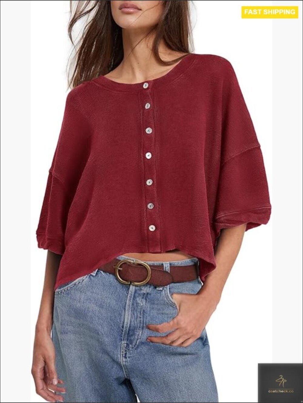 Cropped Button Front Cardigan Lightweight Summer 3/4 Sleeve Oversized Fit Trendy